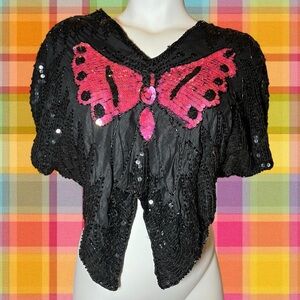 Black Sequin Butterfly Embellished Women's Blouse
